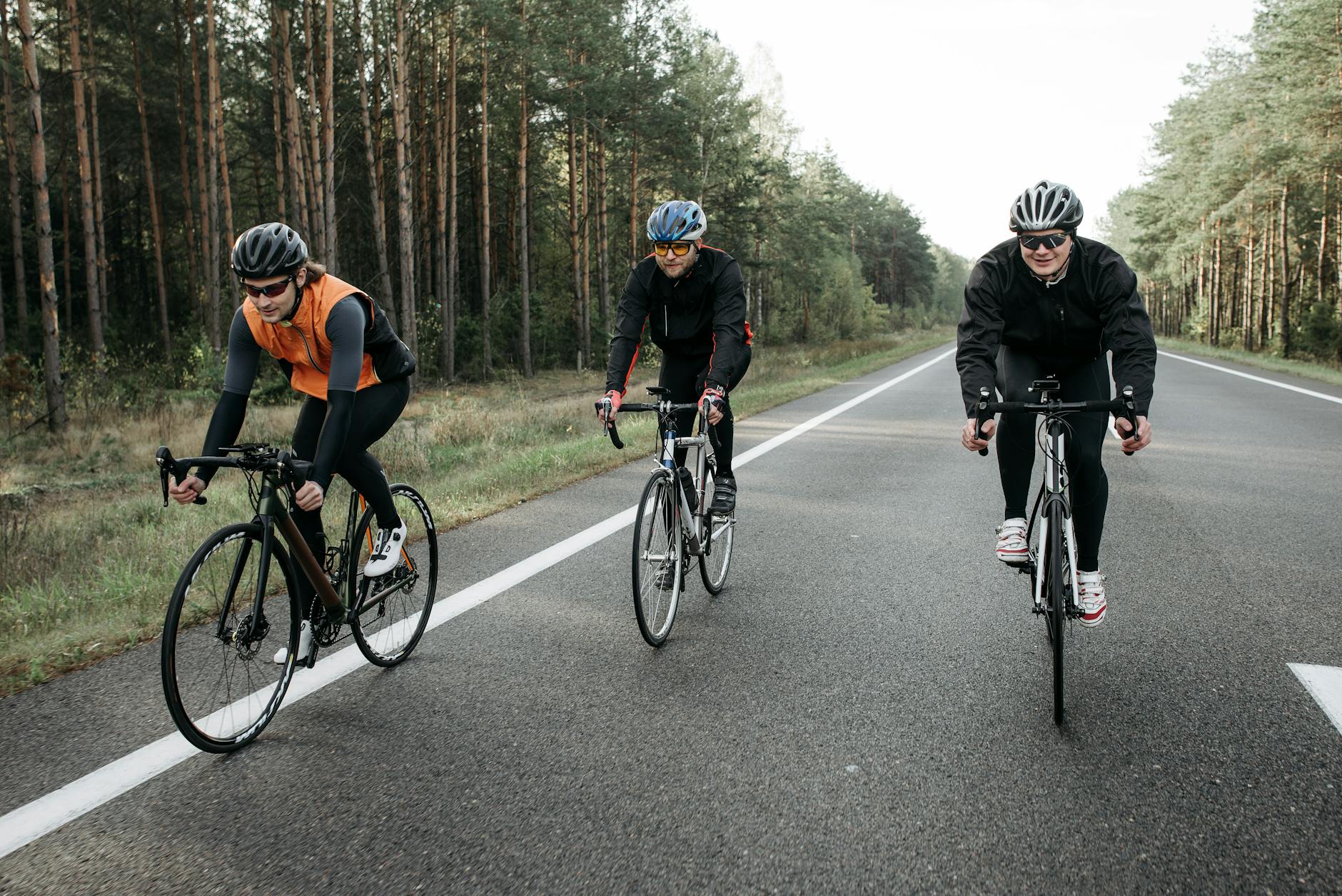 Trójka rowerzystów jedzie leśną drogą w słoneczny dzień